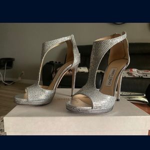 Jimmy Choo Lana Silver Glitter T-Strap Heels